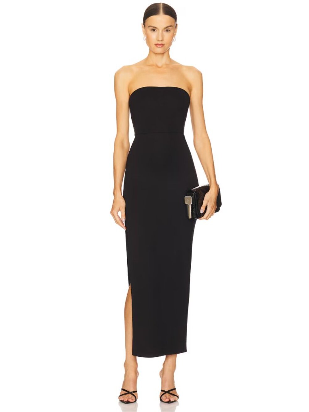 NBD Dream Gown in Black, Black Strapless Dress with Slit, Size S